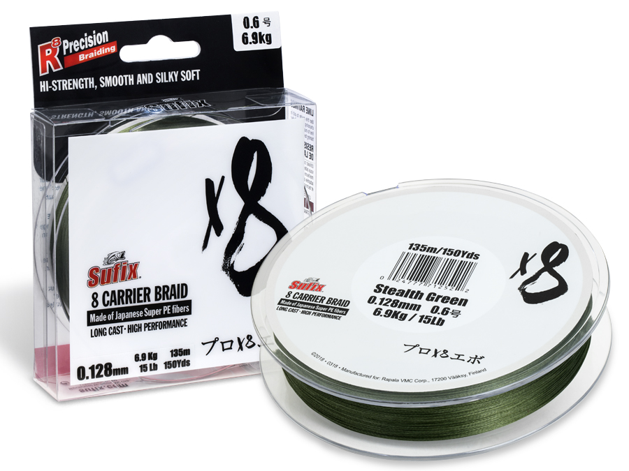 0,185 MM 8 CARRIER BRAID STEALTH SPINNING Sufix SUFIX X8 GREEN TRECCIATO 300 MT DIAM 